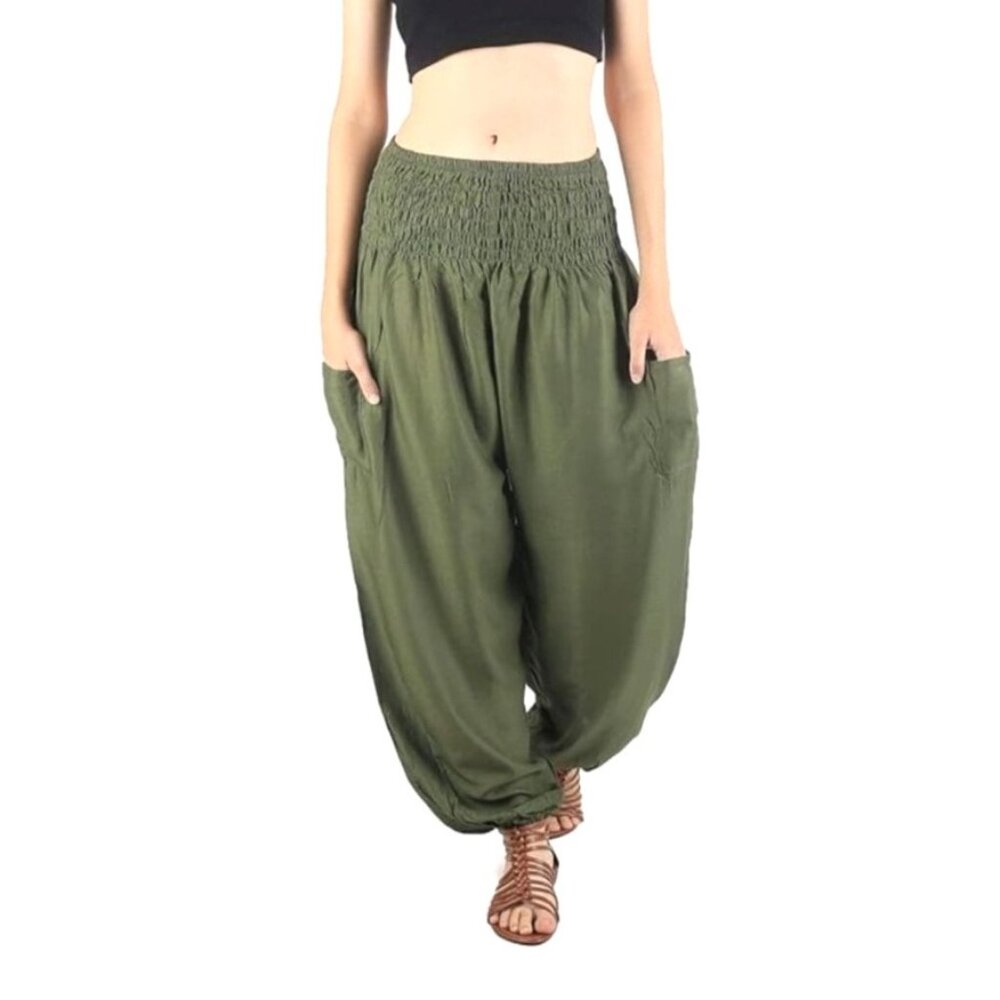 Women's Olive Green Boho Harem M. Pants With Smocked High Waist & Elastic Ankles